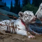 A mother white tiger begs a hunter to save her badly injured cub trapped in a barbed wire fence