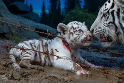 A mother white tiger begs a hunter to save her badly injured cub trapped in a barbed wire fence