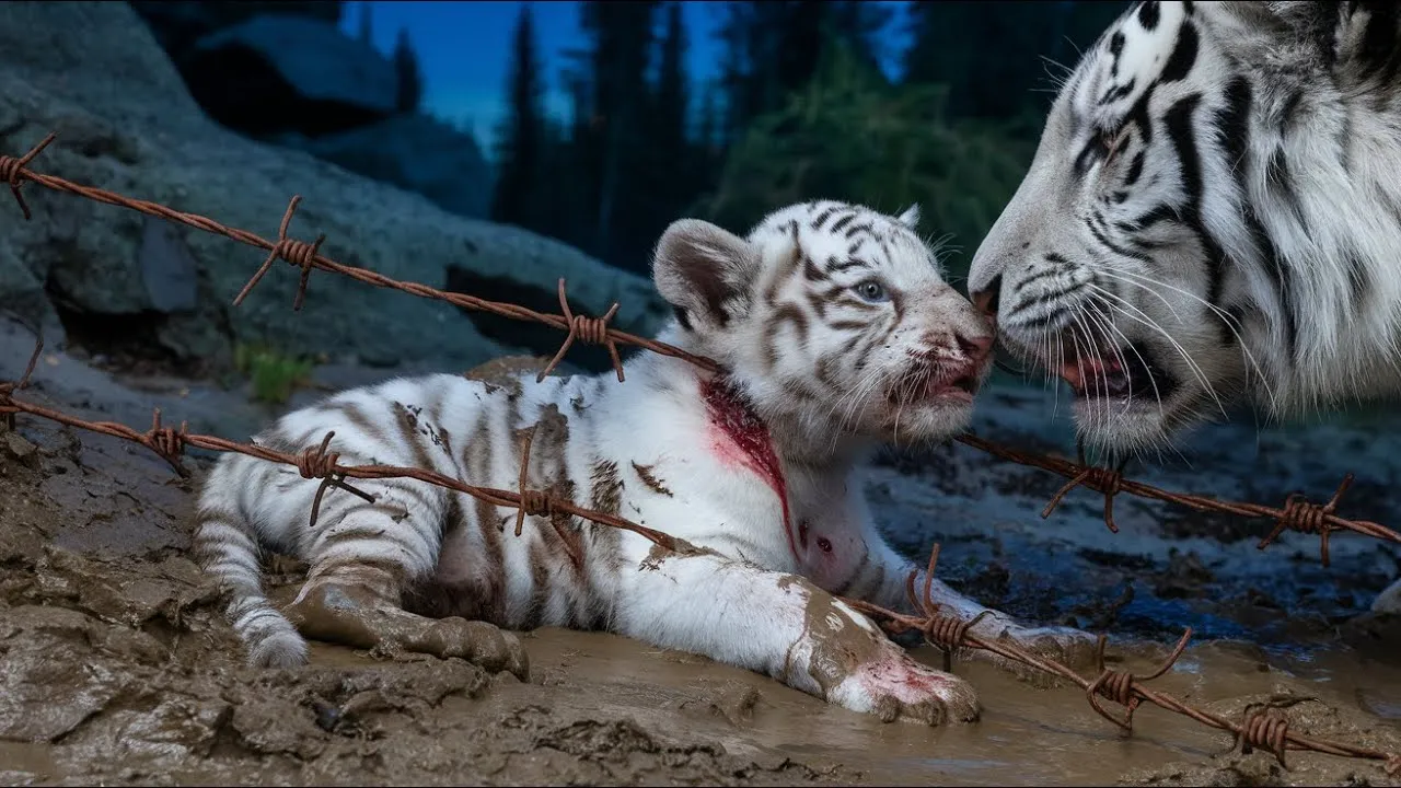 A mother white tiger begs a hunter to save her badly injured cub trapped in a barbed wire fence